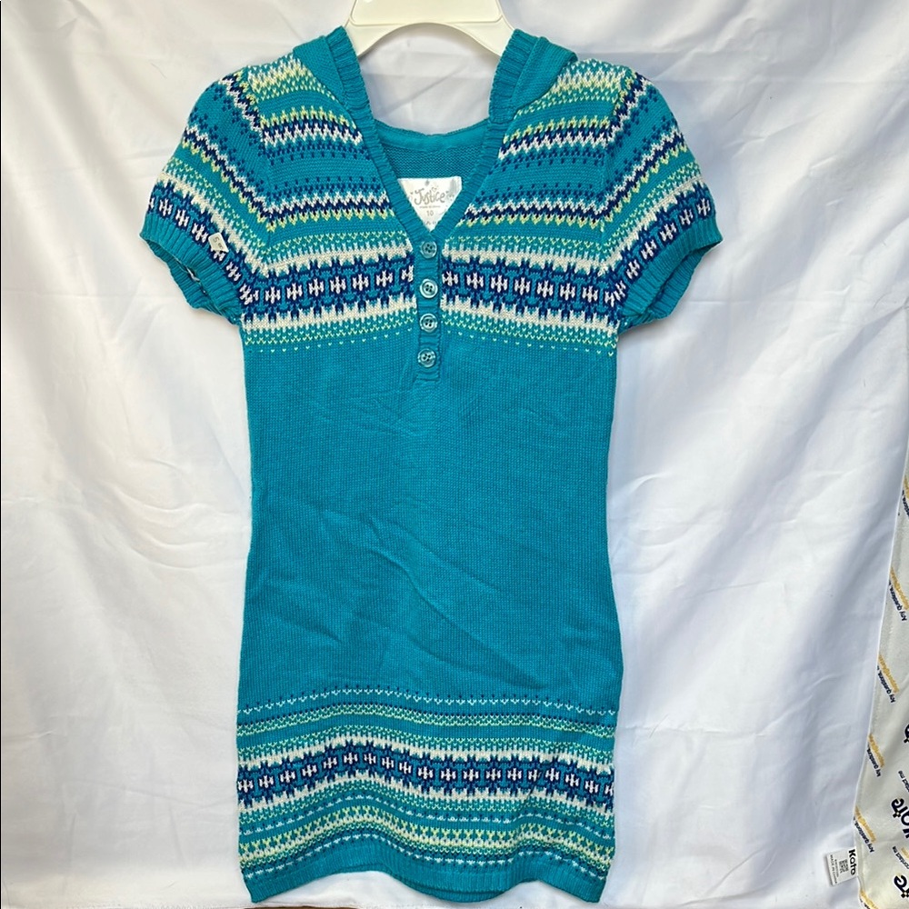 Teal Knit Dress with Patterned Accents